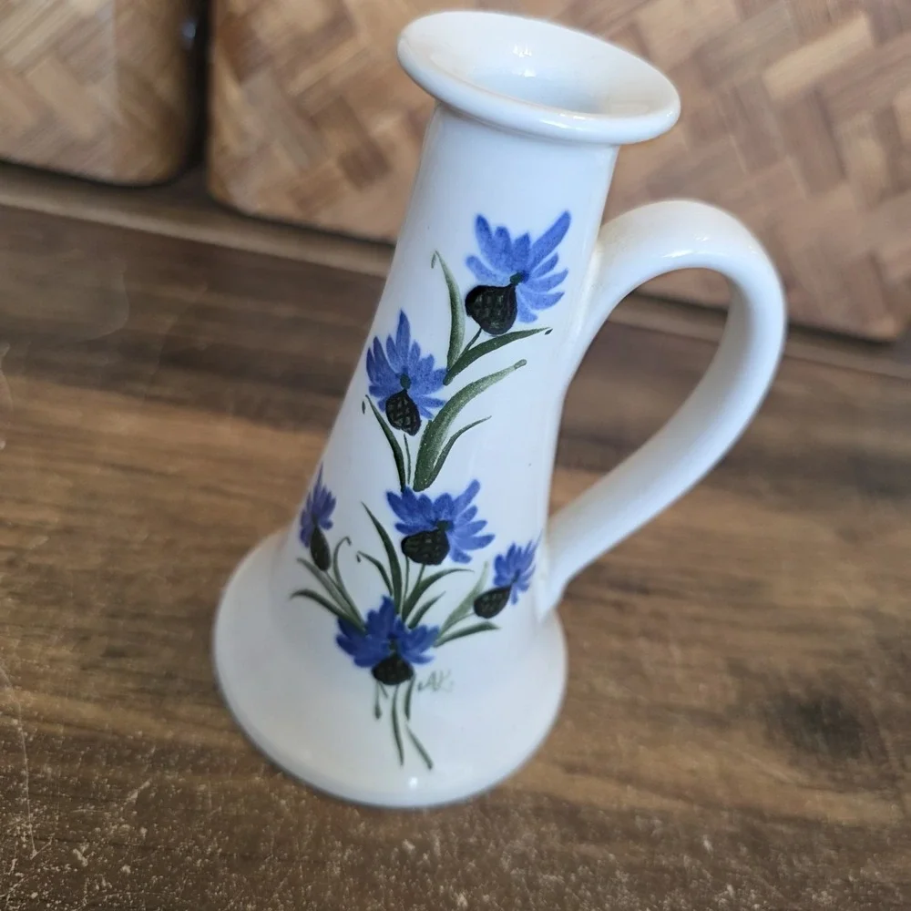 Tallberg Keramuk Vase Hand Painted Floral Blue Flowers Handle Vintage 5.5 x 3.25